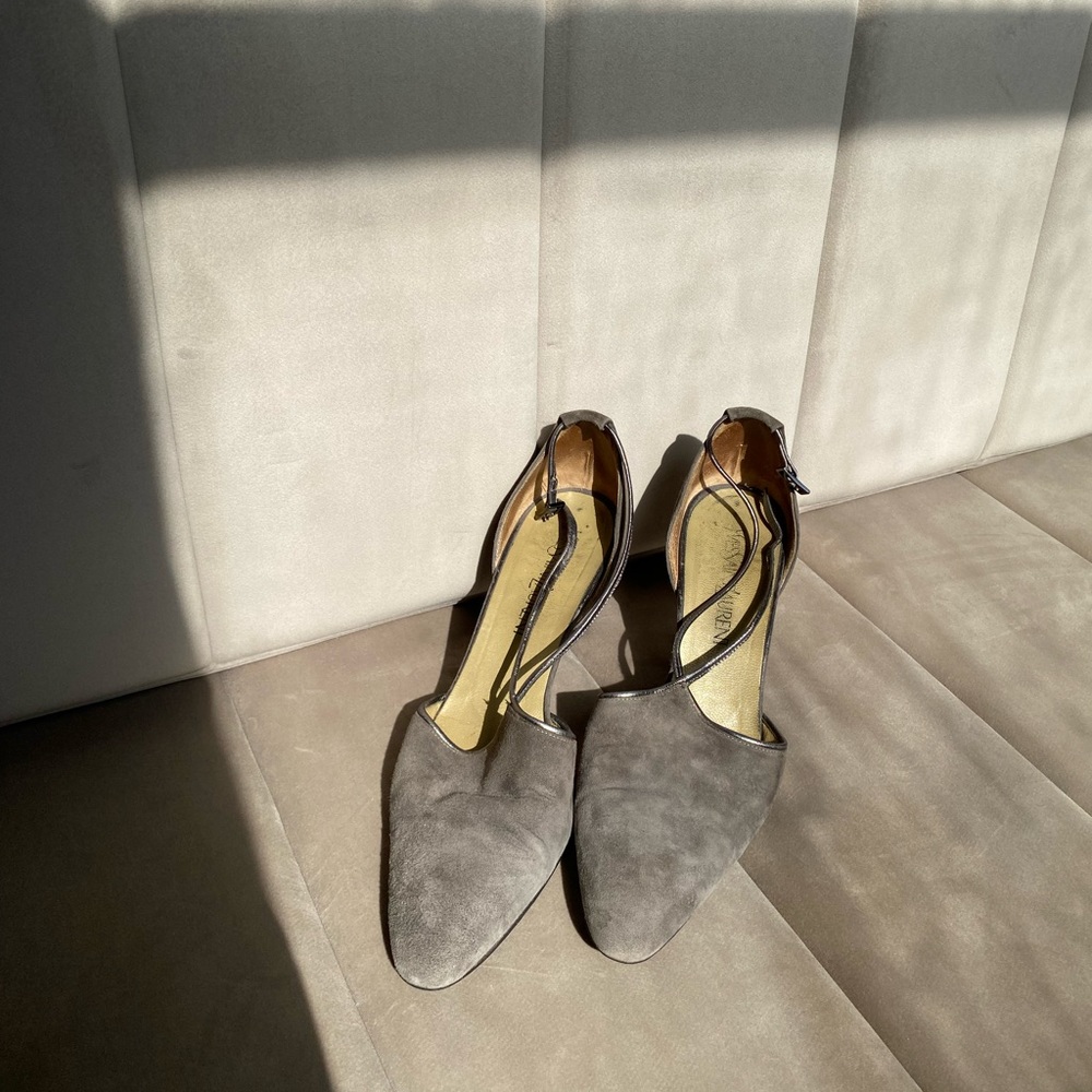 VINTAGE YSL Grey Suede Heels Witt Silver Trim size 9